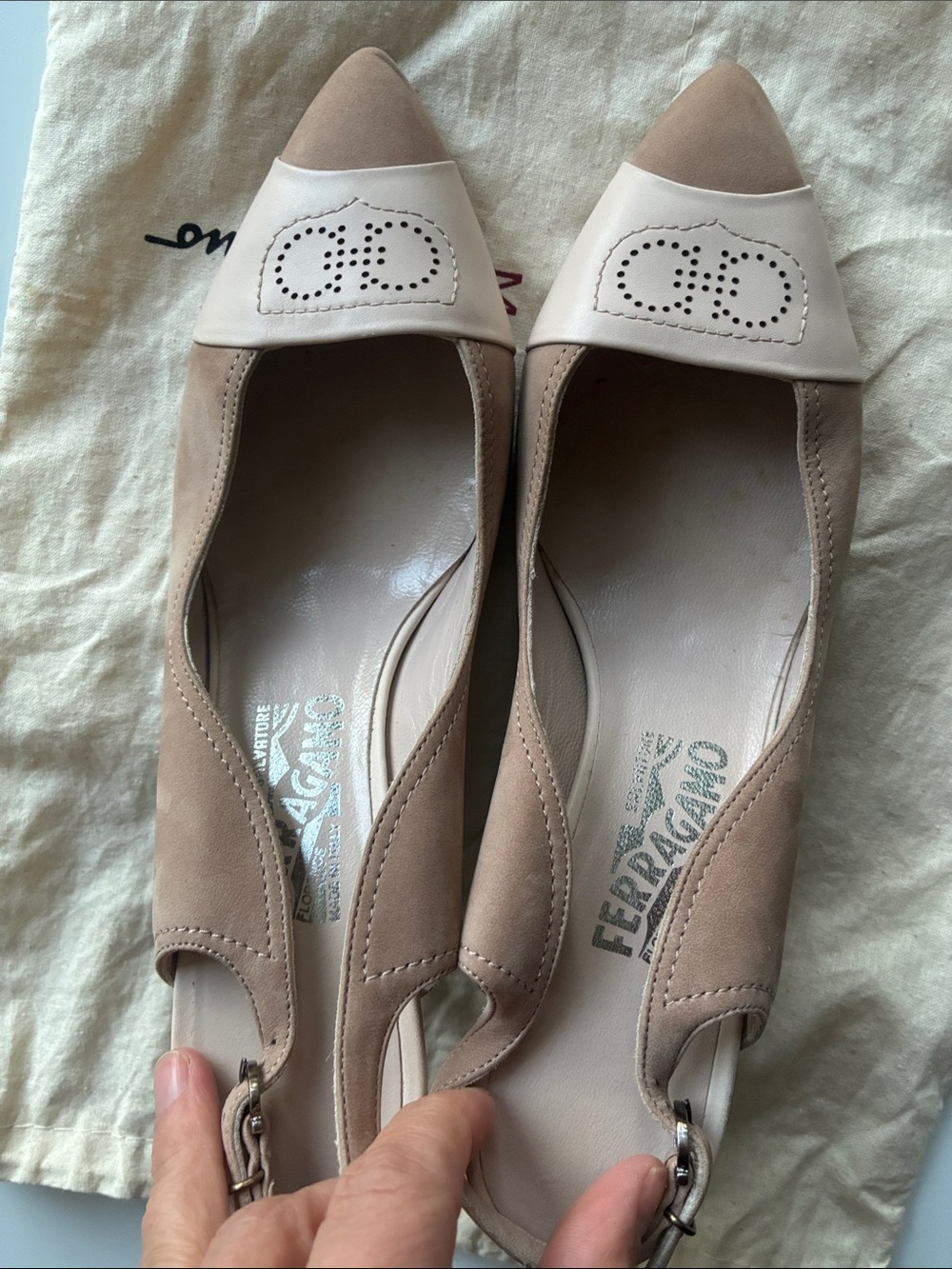 Salvatore Ferragamo Two-Tone Taupe and Blush Pointed Slingback Pumps - Picture 7 of 8